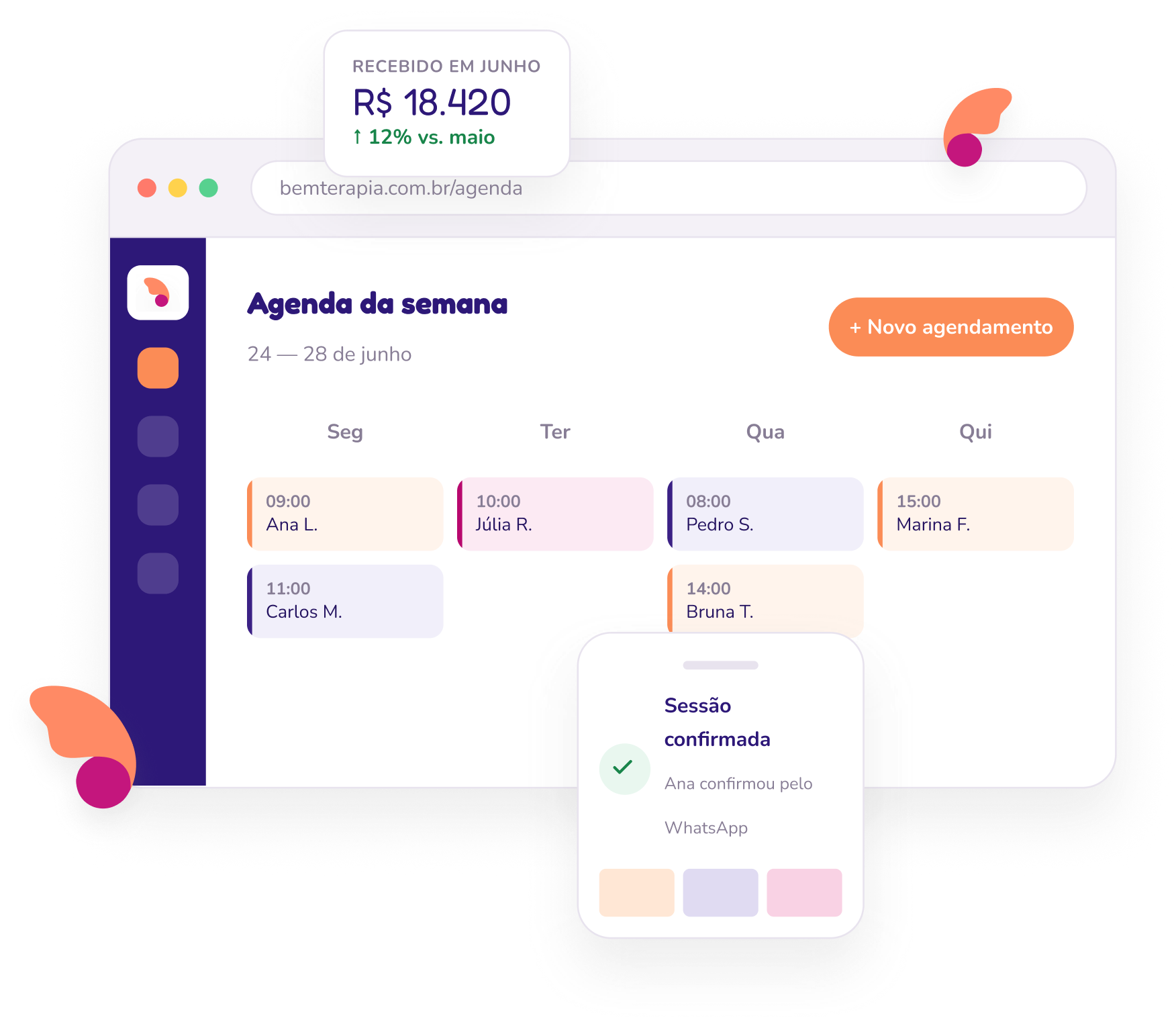 Painel da agenda semanal do Bem Terapia com confirmação de sessão e recebimentos